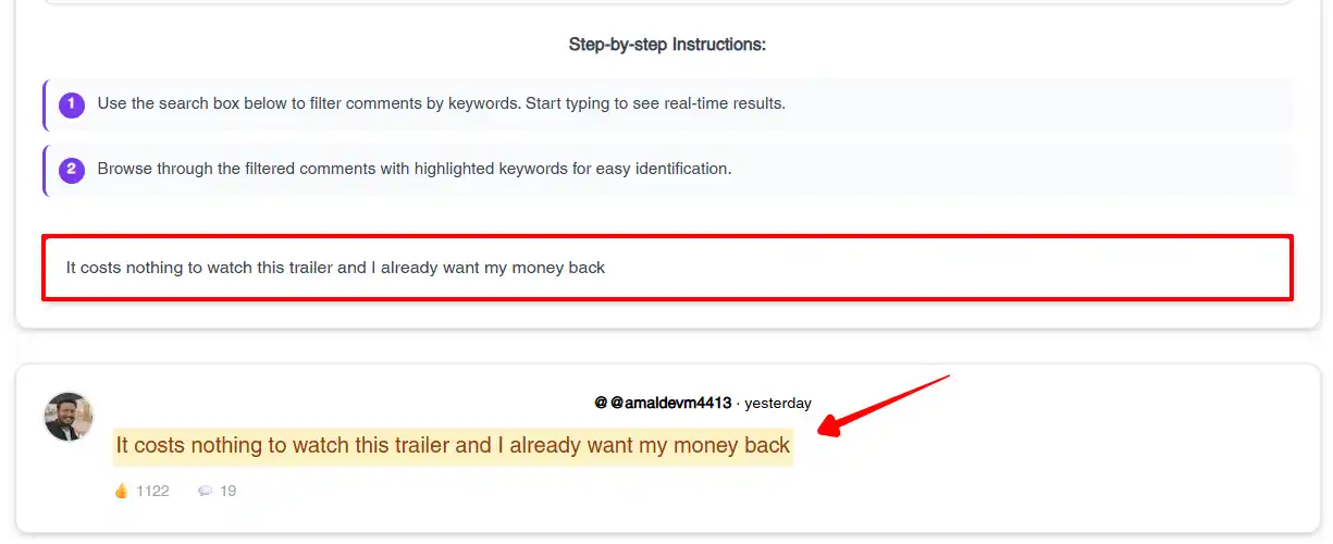 search box to filter the comments
