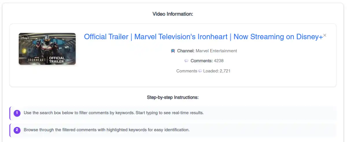 see the video thumbnail, title, channel name, and number of comments.