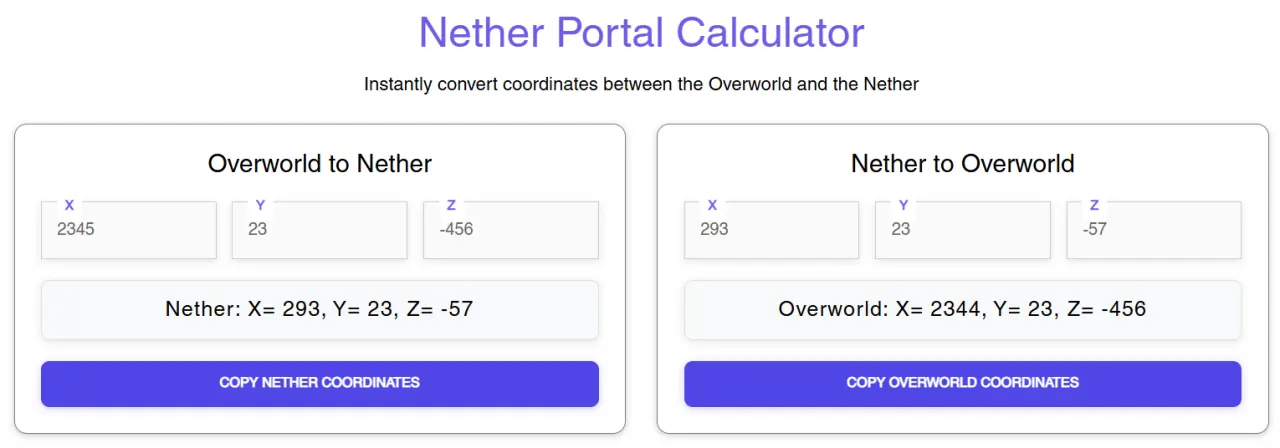 Calculate Coordinated Between Minecraft Nethers