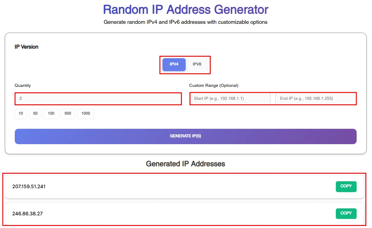 list of randomly generated IP addresses