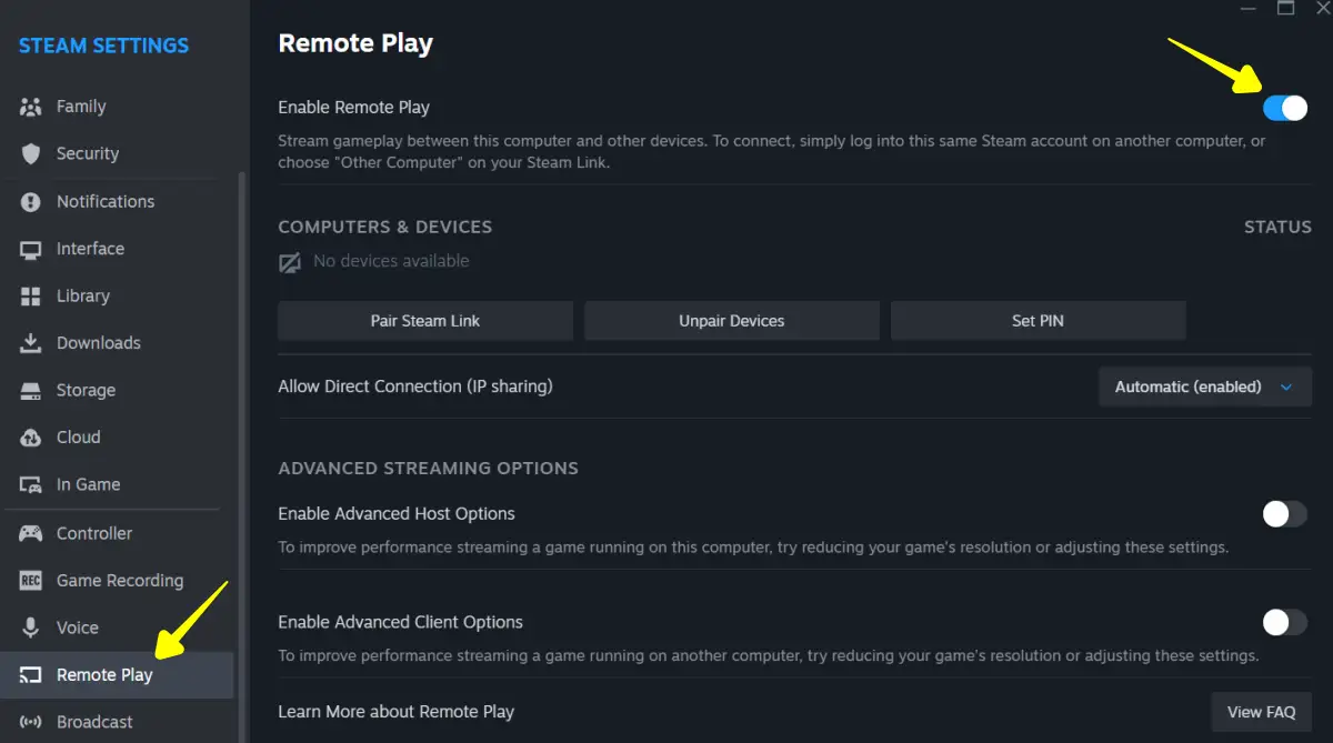 Enable Steam Link Remote Play