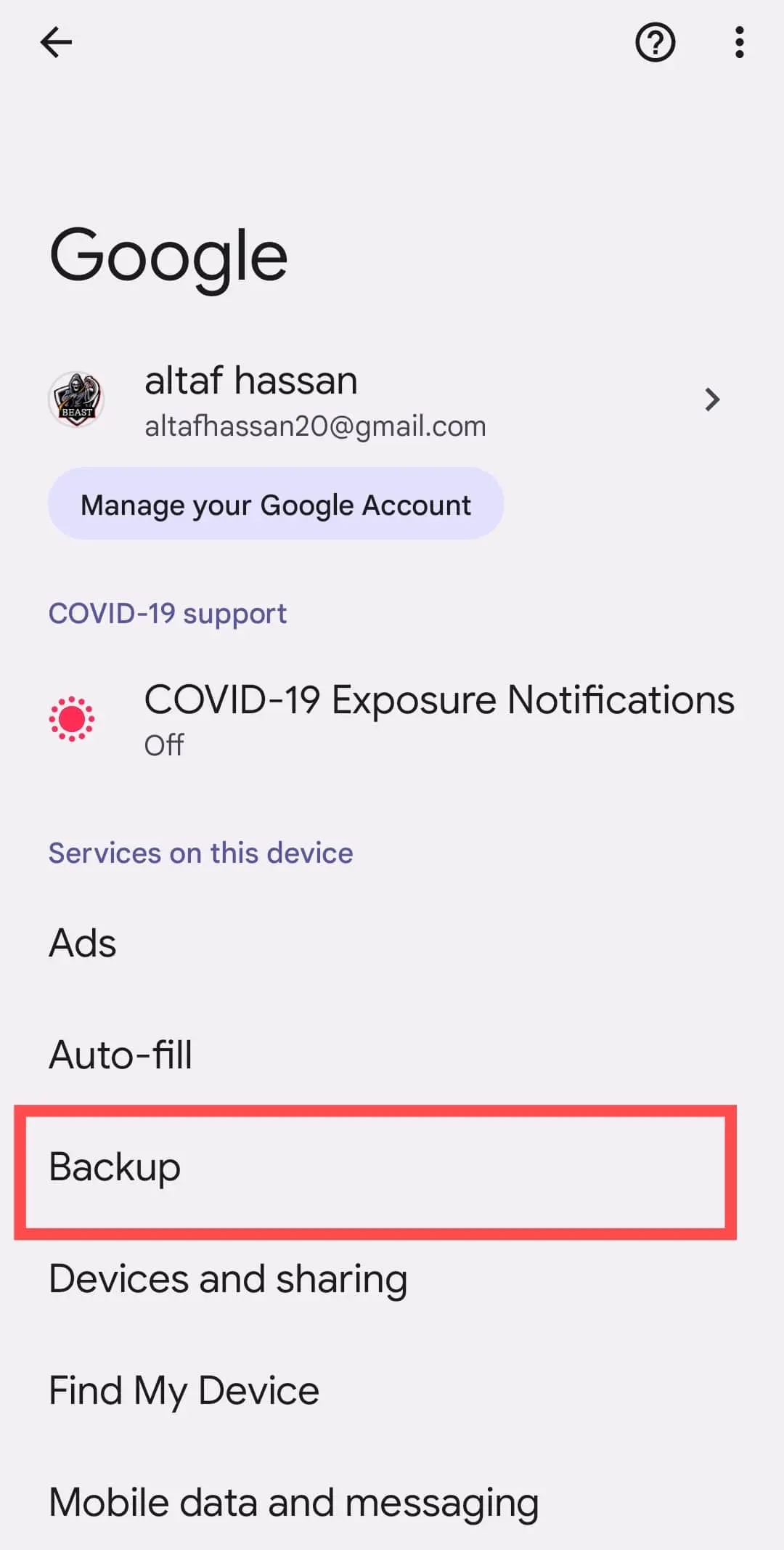enable backup for your device