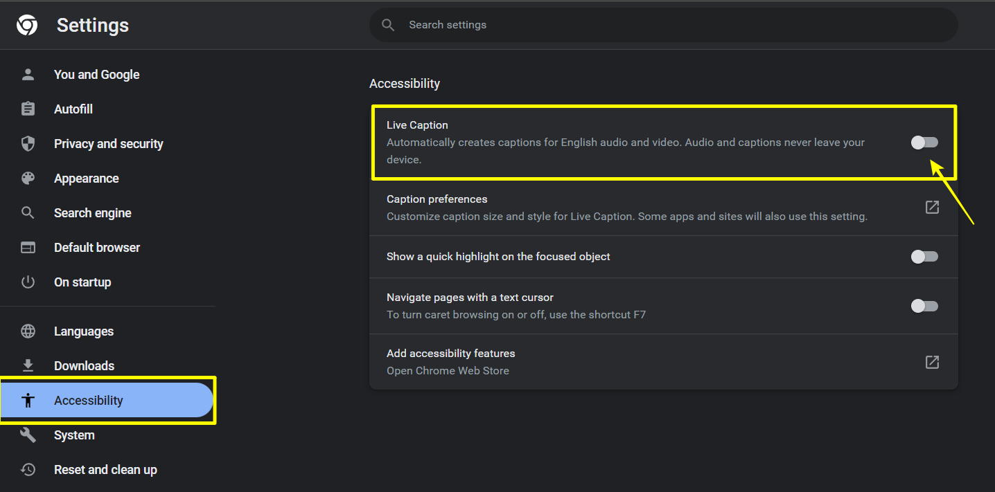 How to turn off live caption in chrome