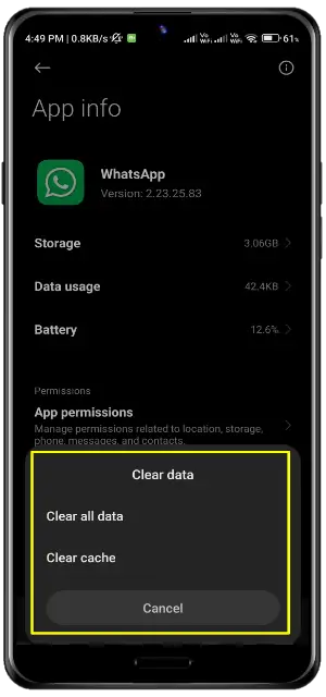 clear whatsapp cache and data