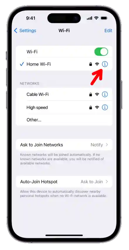 click on i button in wifi network