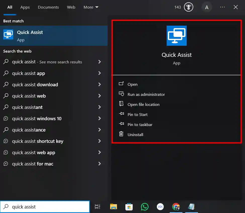 open quick assist app on your window