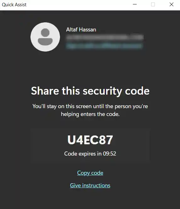 quick assist security code