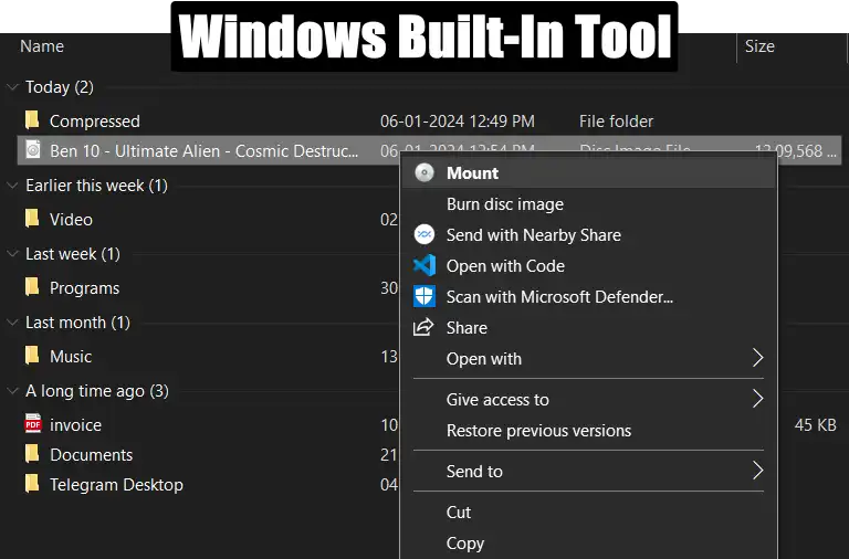 Windows Built-In ISO Mounter tool