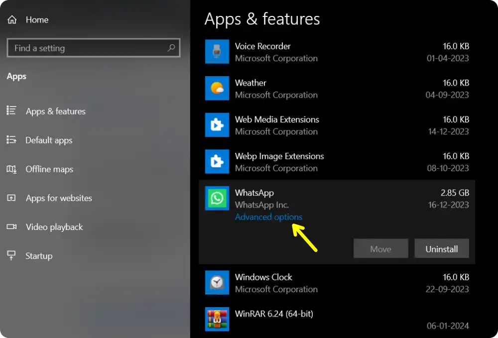 windows app Advance option