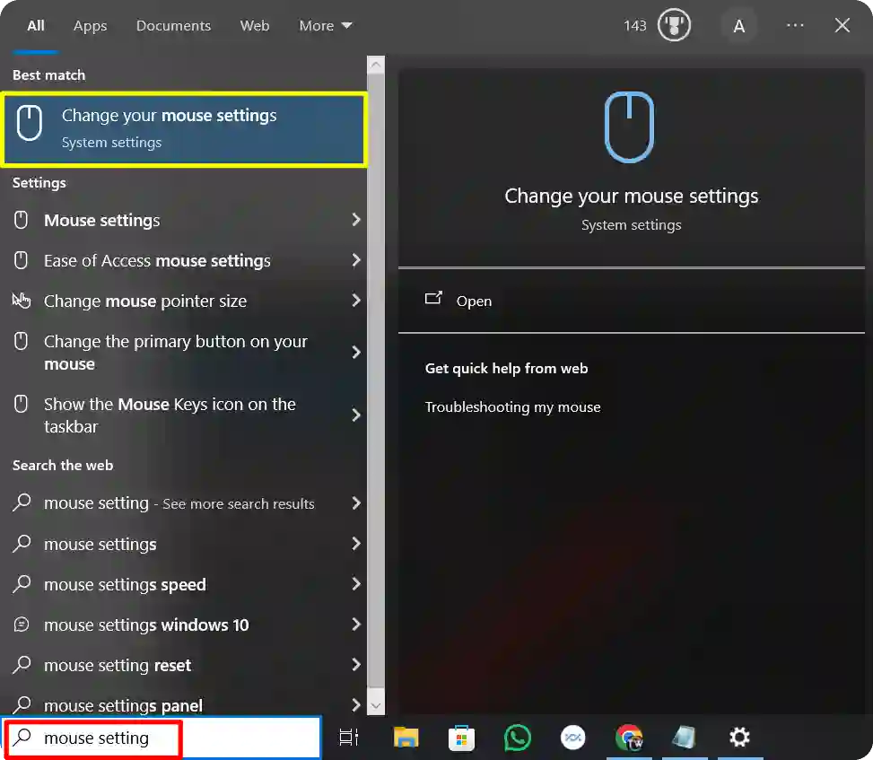 Windows chnage your mouse setting option