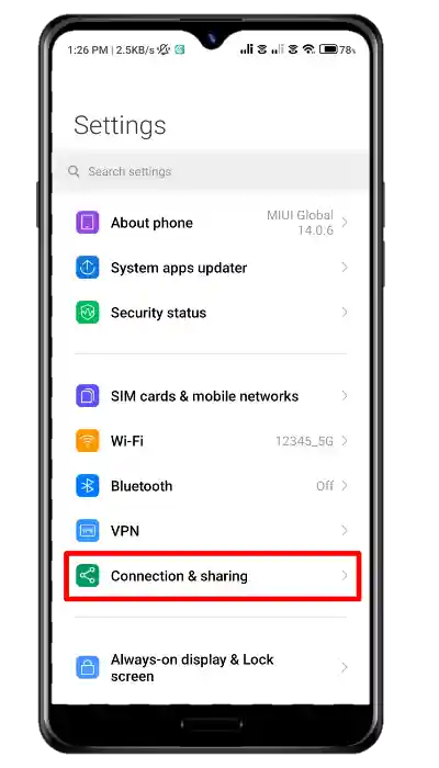 Connection and sharing option android