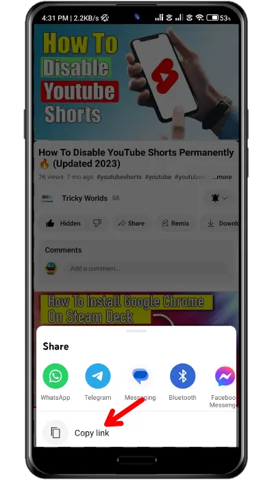 copy the video url with Copy link button