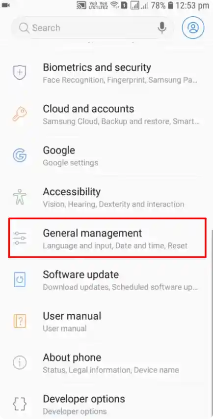 Samsung general setting