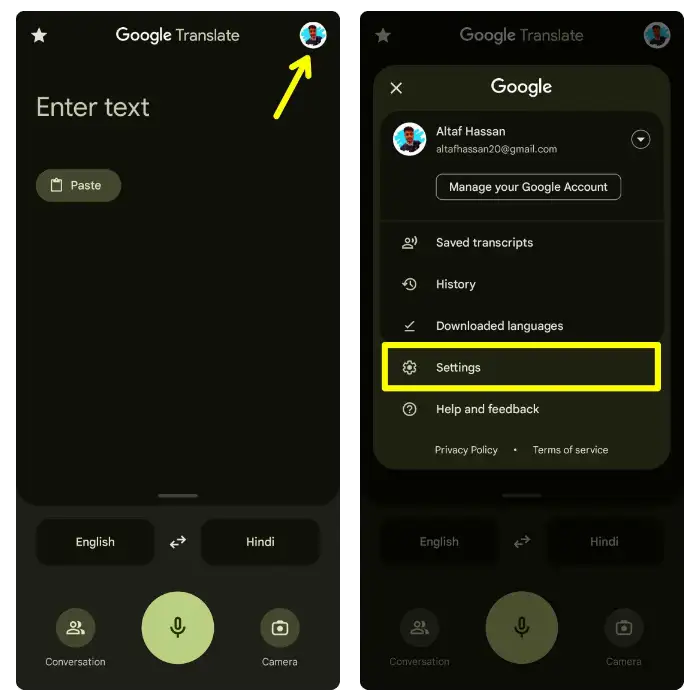 Google translate setting