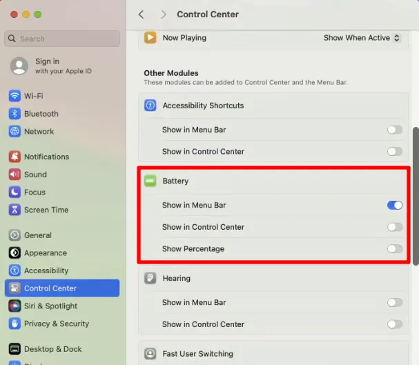 Hide battery percentage from macOS sonoma