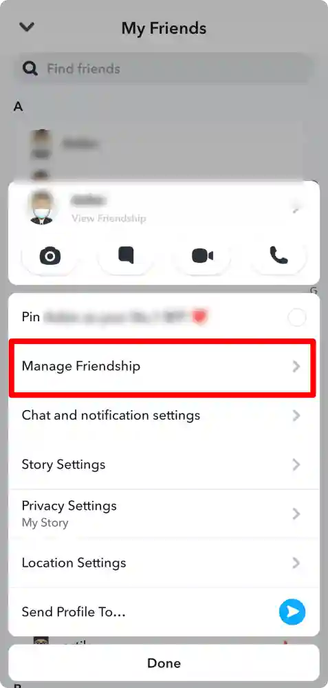 Manage friendship option snapchat