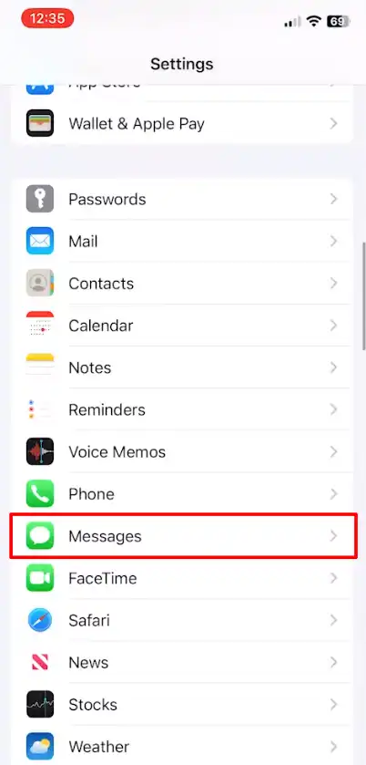 Message option in iphone setting