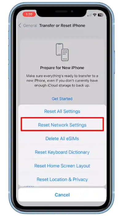 Reset Network Setting Option iphone