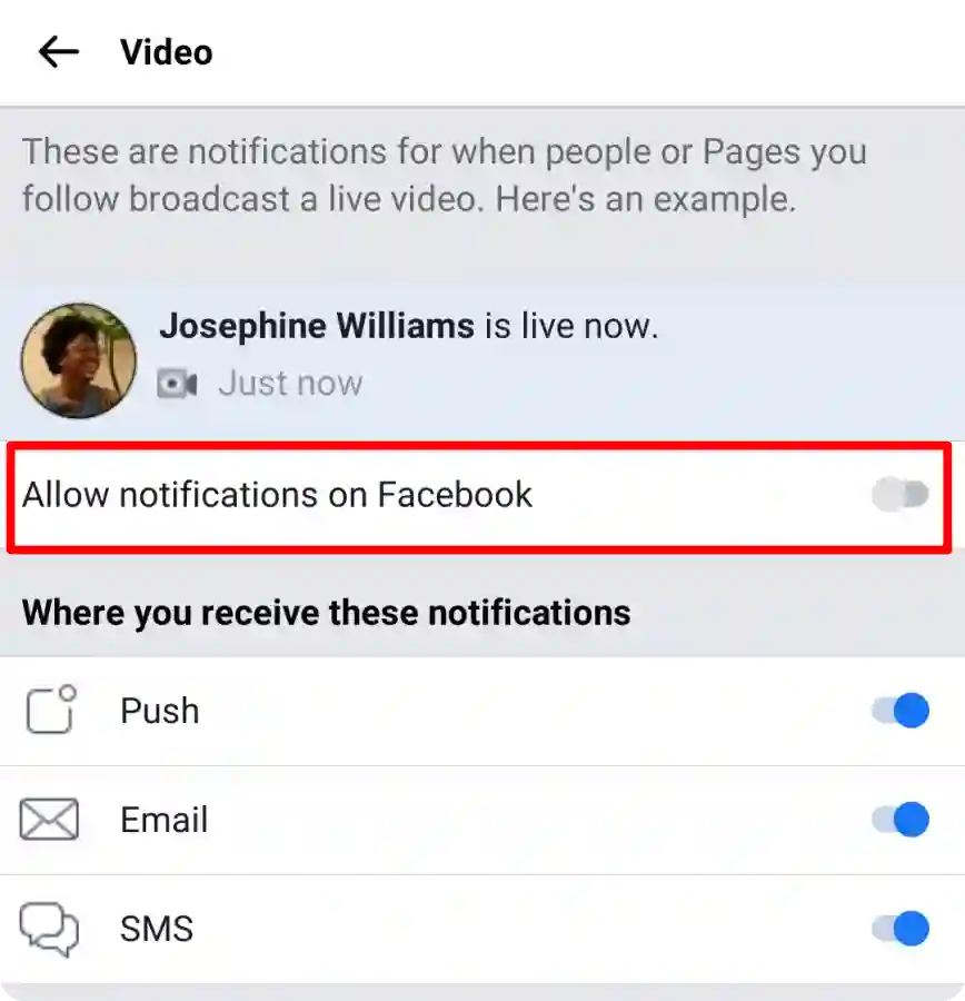 Turn off video notification on facebook app