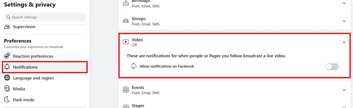 Turn off video notification on facebook web
