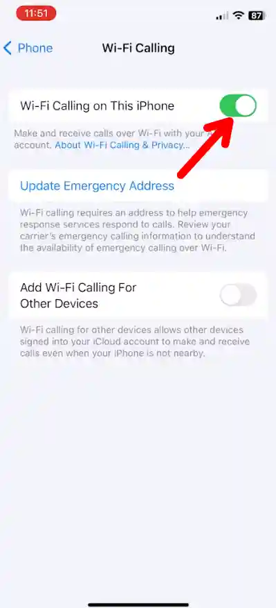 toggle on Enable WiFi Calling on iPhone