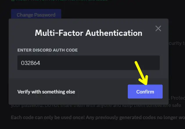 Enter 2FA Code to disable two factor authentication