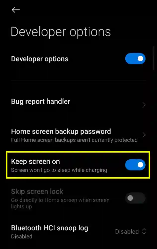 Keep screen on Developer option