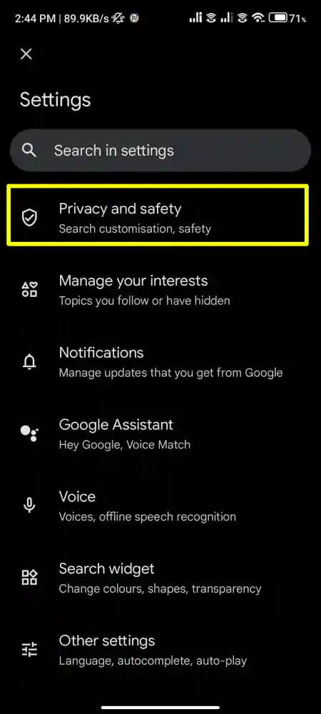 Privacy and safety option  google app