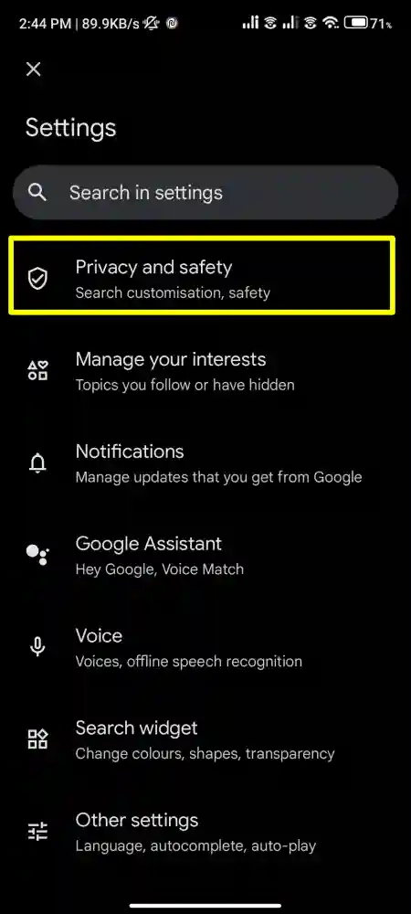Privacy and safety option google app