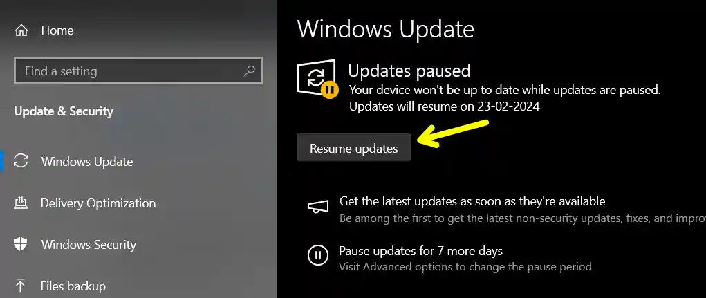 Resume automatic updates on Windows 10