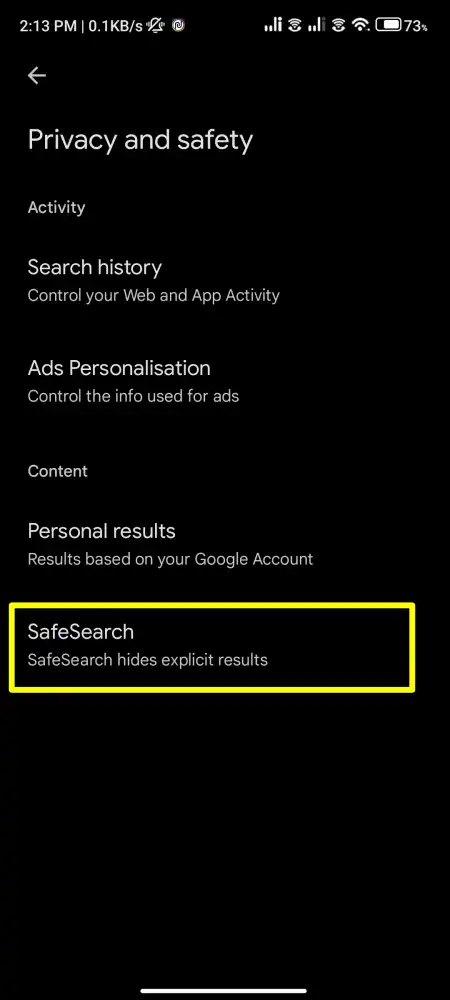SafeSearch setting on Google App
