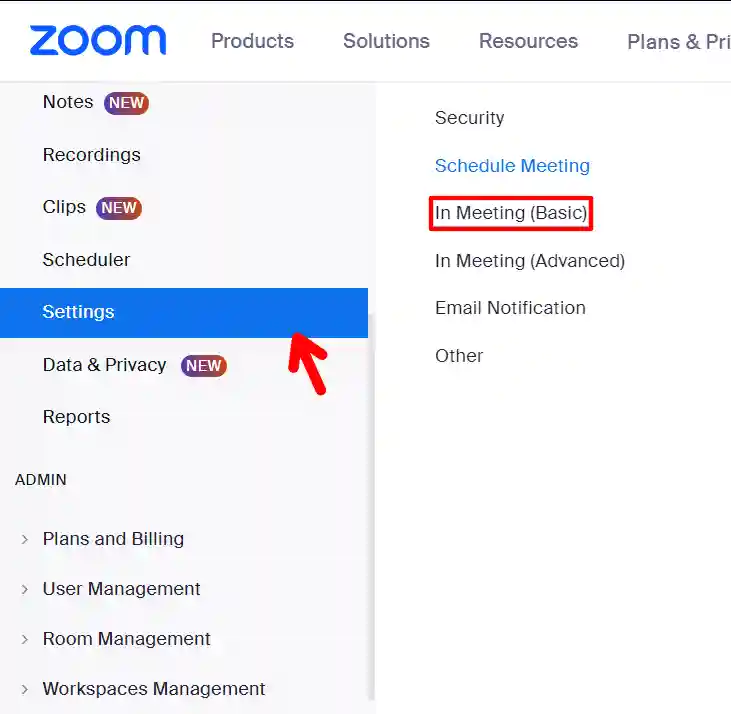 Zoom website setting menu
