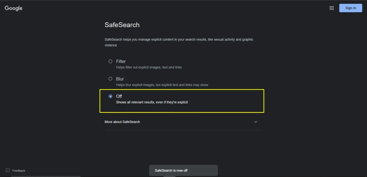 Turn Off SafeSearch on Google on Desktop