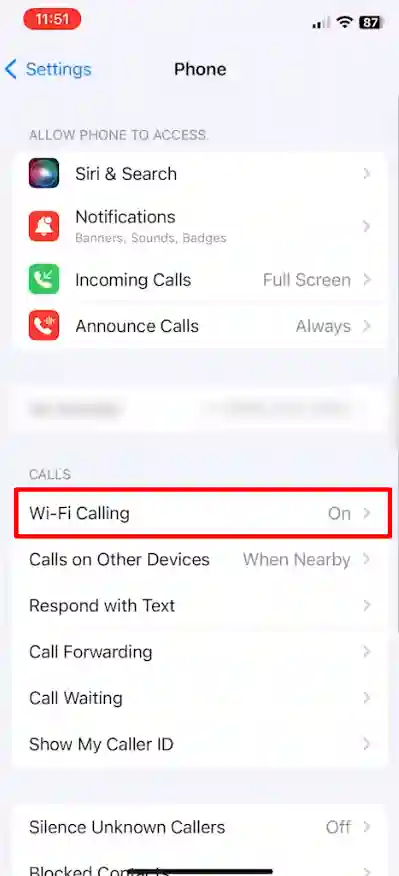 Wifi calling option