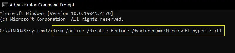 Disable Hyper-V on Windows uisng DISM command