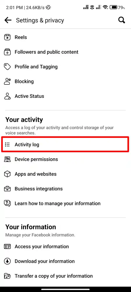 Activity log facebook app