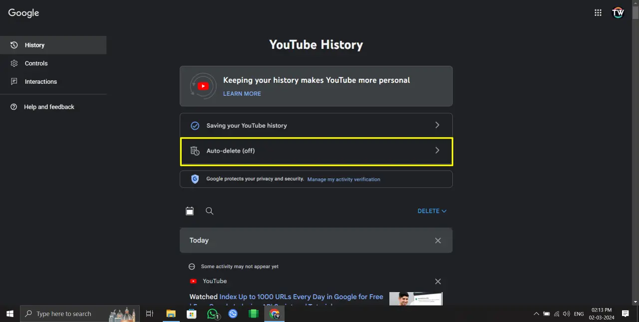 Auto Delete youtube history
