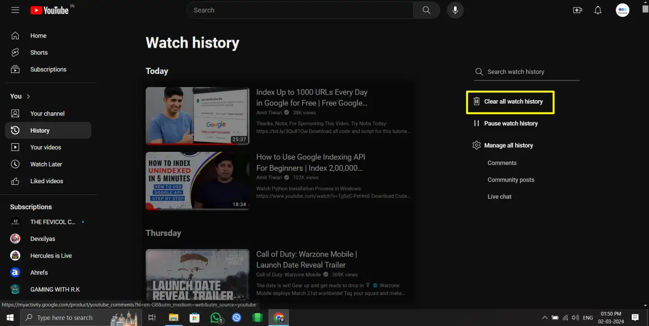 Delete YouTube Watch History