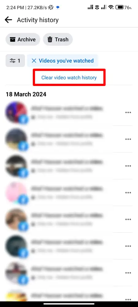 Delete Facebook Watch History on mobile