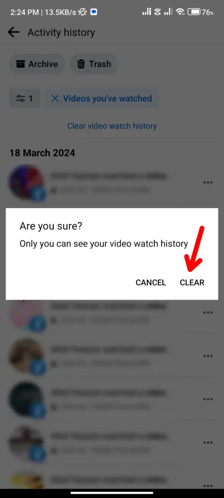 Delete Facebook video Watch History on mobile