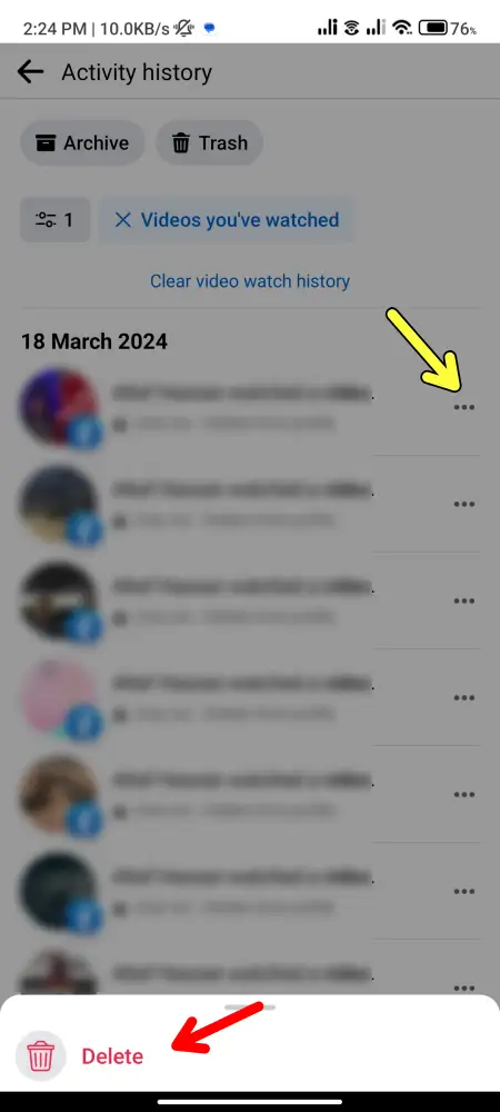 Individually Delete Facebook video Watch History on mobile
