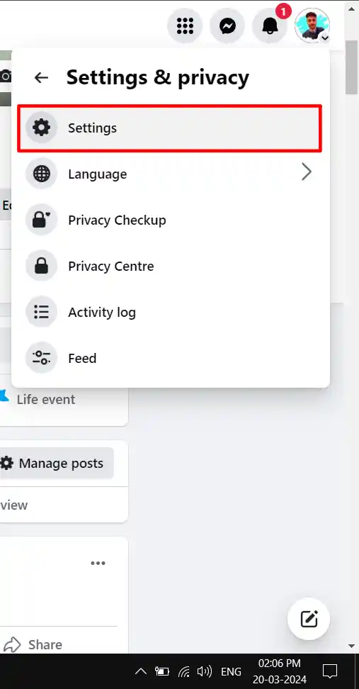 Facebook web setting menu