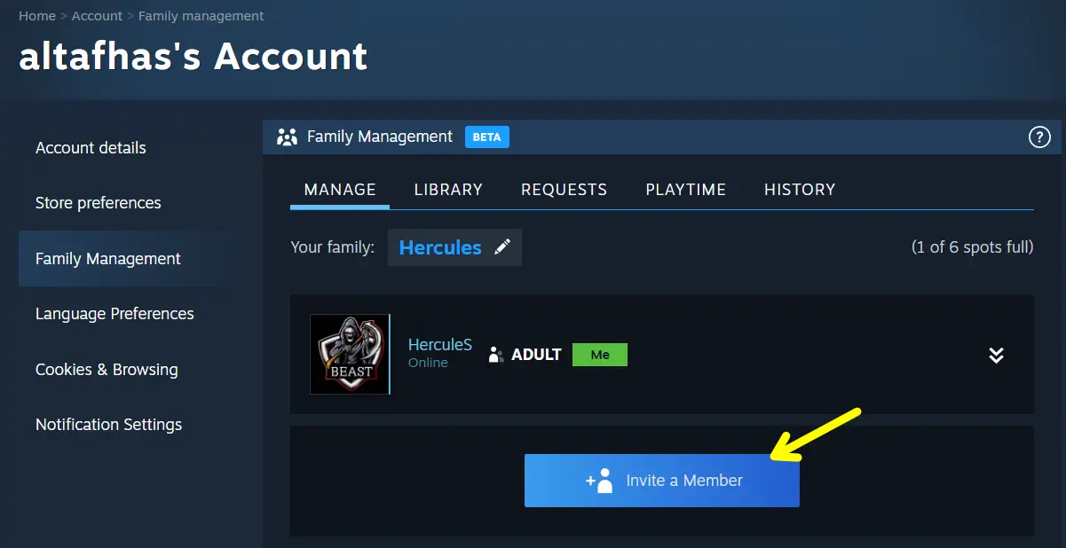 invite a member to steam family