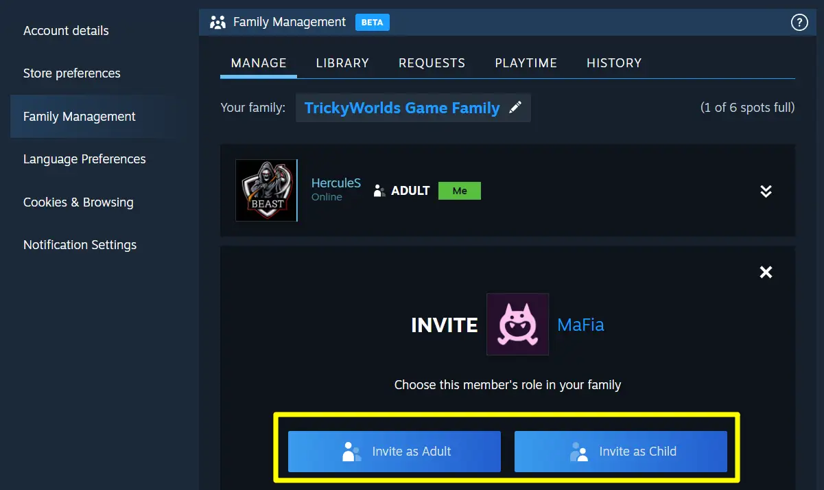 invite members to steam family