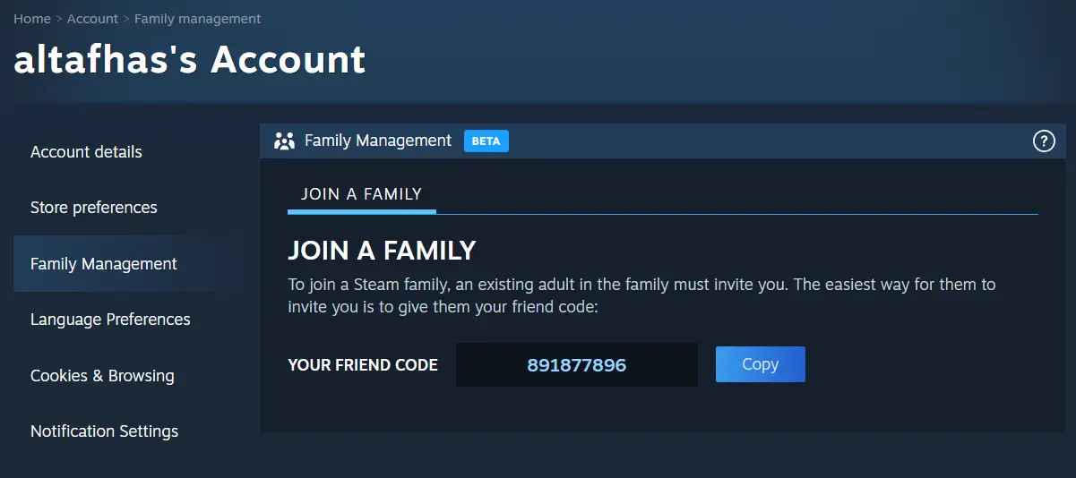 Join a steam family using code