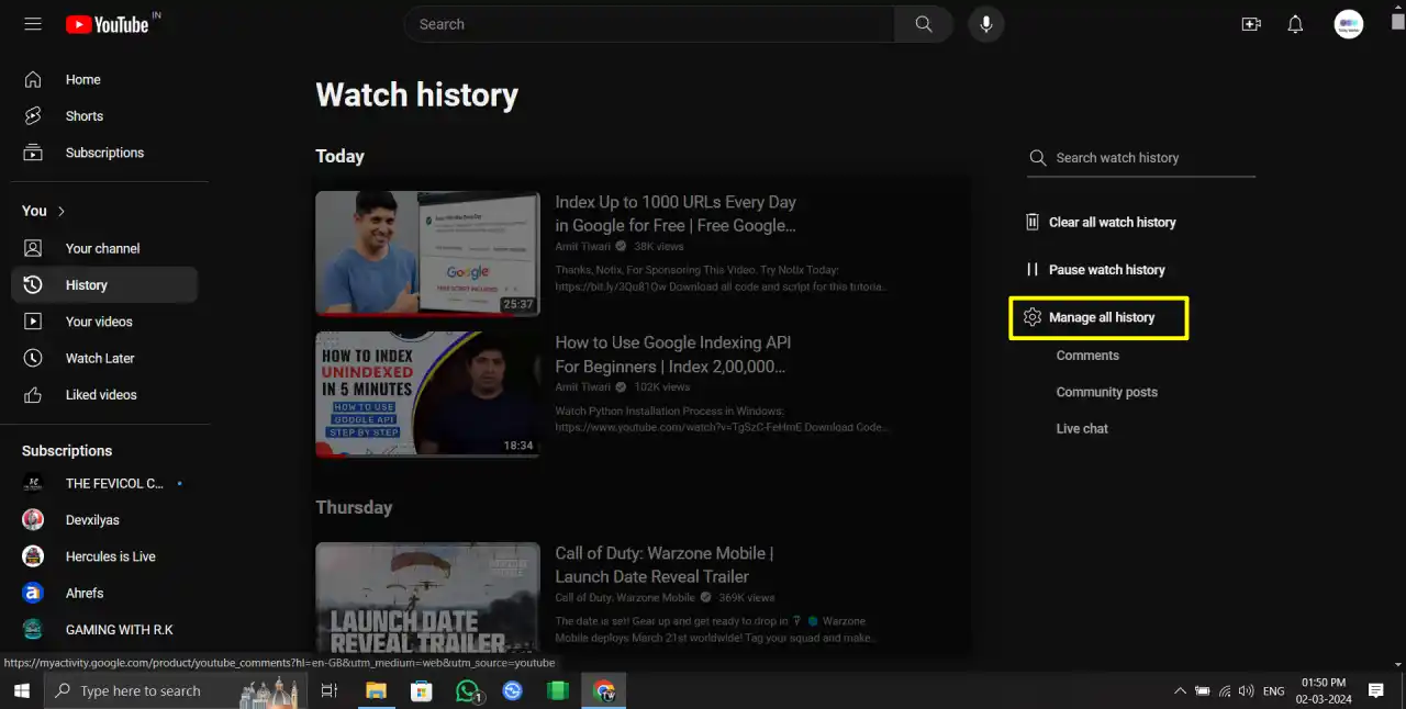 manage all history option youtube browser