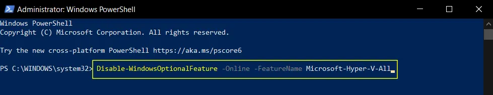 Disable Hyper-V on Windows Powershell command