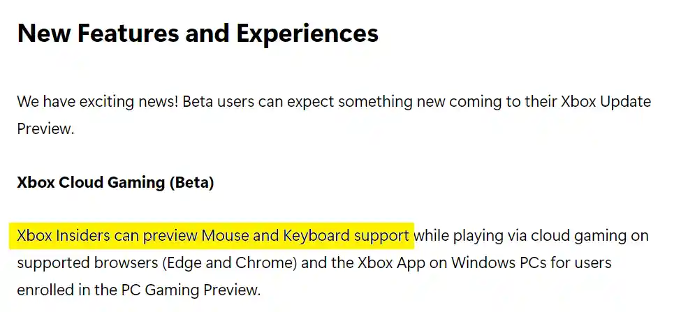 Xbox cloud gaming now can preview mouse and keybaord