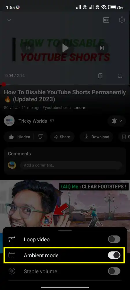 Enable Ambient Mode on YouTube Mobile