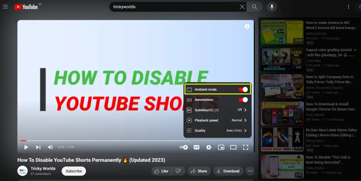 Enable Ambient Mode on YouTube Desktop